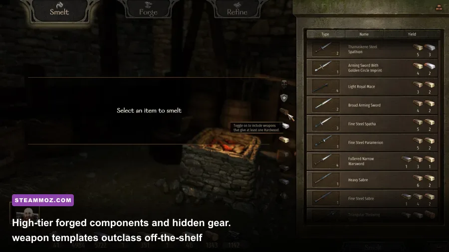 Smithing screen in Bannerlord displaying custom forged blades and two-handed swords