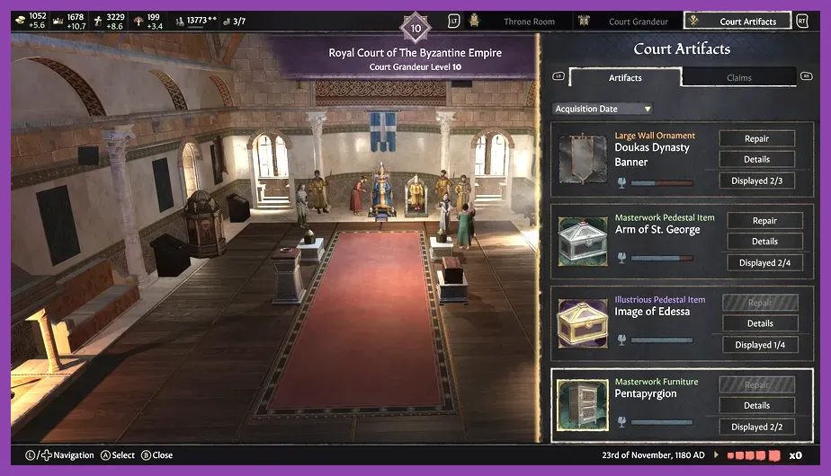 Crusader Kings 3 inventory and court artifacts UI screen