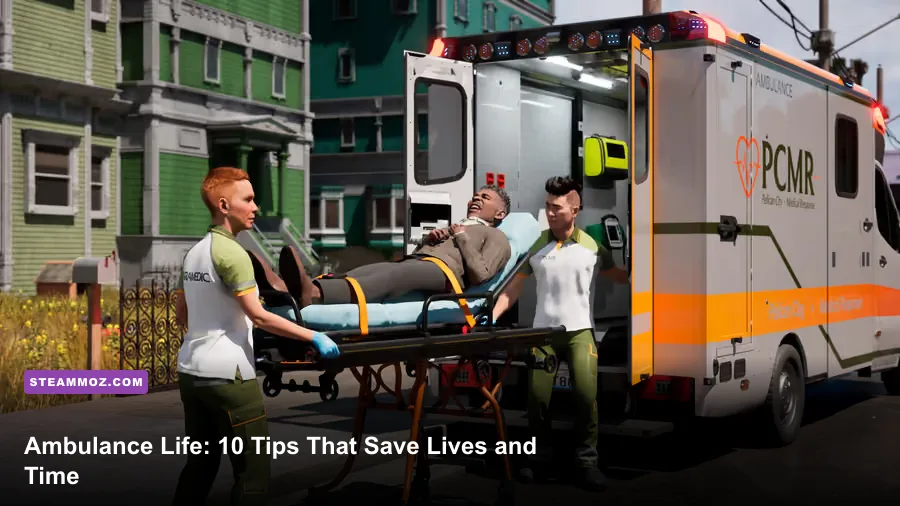 Ambulance Life A Paramedic Simulator ambulance responding to an emergency in San Pelícano