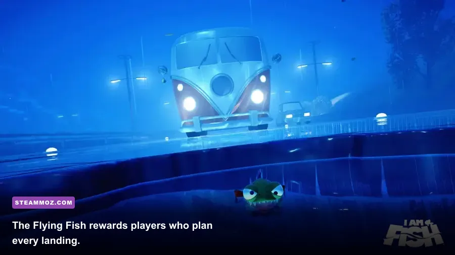 I Am Fish Flying Fish gliding between rooftops during a platforming level