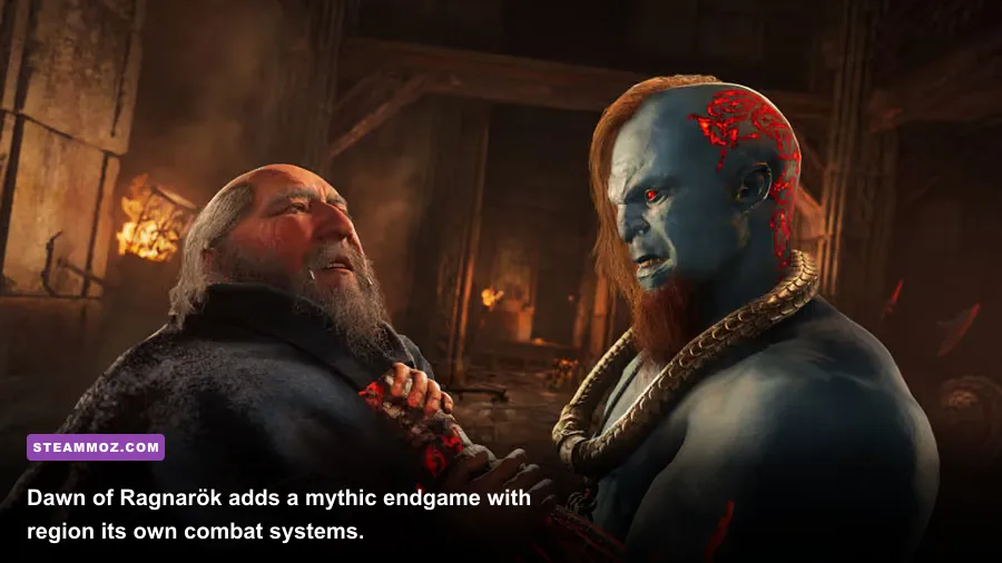 Eivor facing fire giants in Svartalfheim during Dawn of Ragnarok