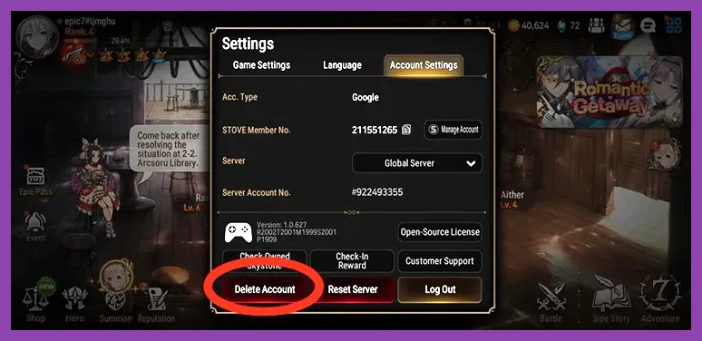 Epic Seven in-game account settings menu highlighting the Reset Server button