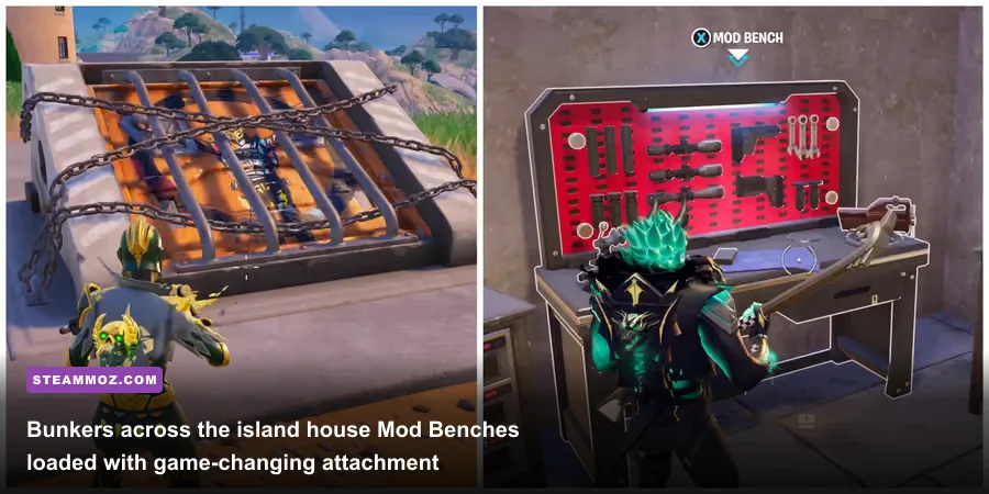 Underground bunker opening with a weapon mod bench glowing in Fortnite