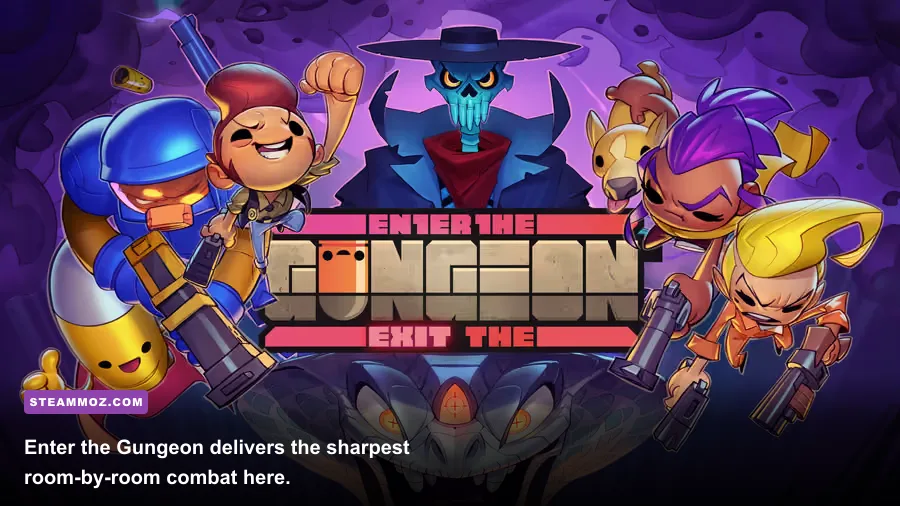 Enter the Gungeon character dodging bullets in a dungeon chamber