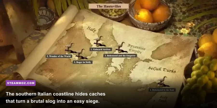 Norman knights traversing southern Italy in the Hautevilles campaign