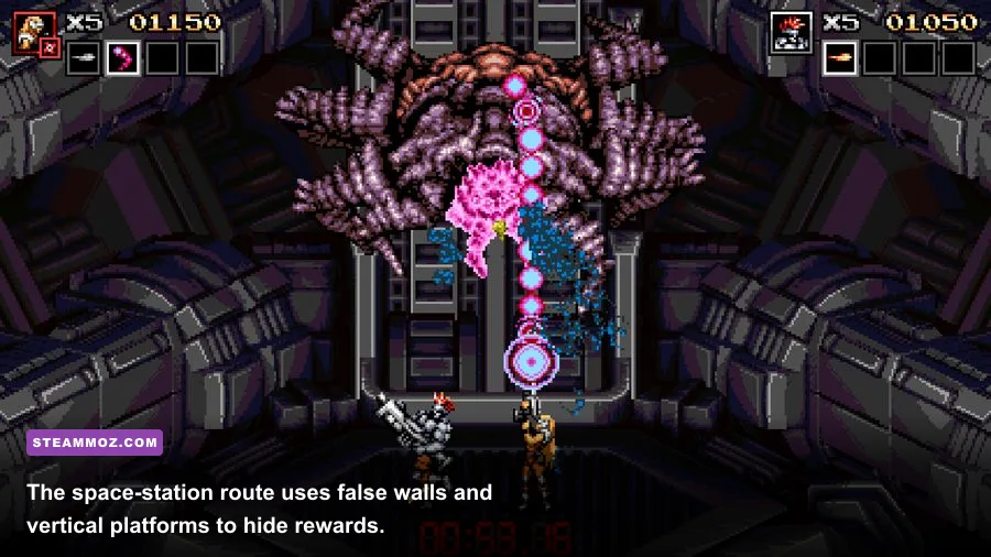 Blazing Chrome space station corridor with hidden path and enemy turrets