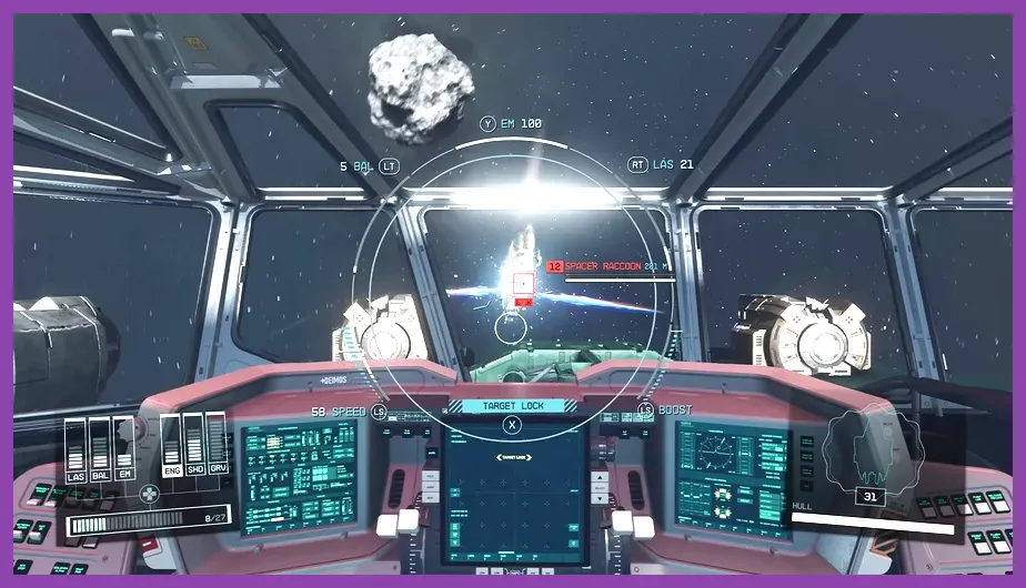 Starfield space combat view locking onto an enemy ship engines