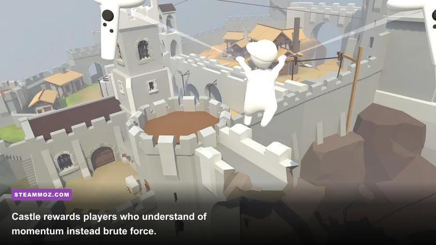 Human Fall Flat VR Castle level catapult beside a stone fortress