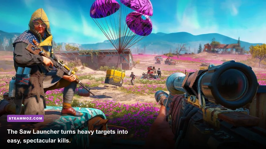 Far Cry New Dawn Saw Launcher firing explosive saw blades at an armored enemy