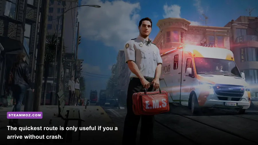 Emergency ambulance driving through city streets in Ambulance Life A Paramedic Simulator