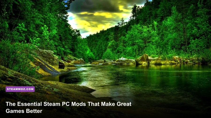 Collage showing popular Steam PC games enhanced with essential mods
