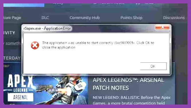 Windows Event Viewer showing an Apex Legends r5apex.exe application error