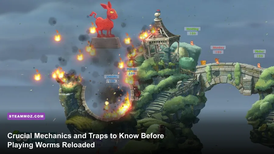 Worms Reloaded tactical match showing terrain destruction and cartoon worms armed with heavy weapons