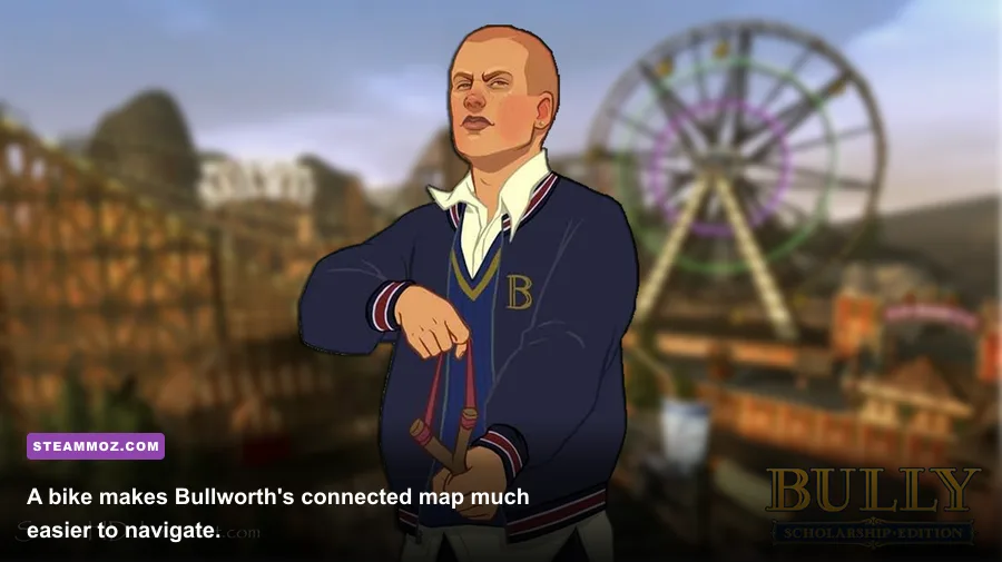 Jimmy Hopkins riding a bicycle through Bullworth in Bully Scholarship Edition