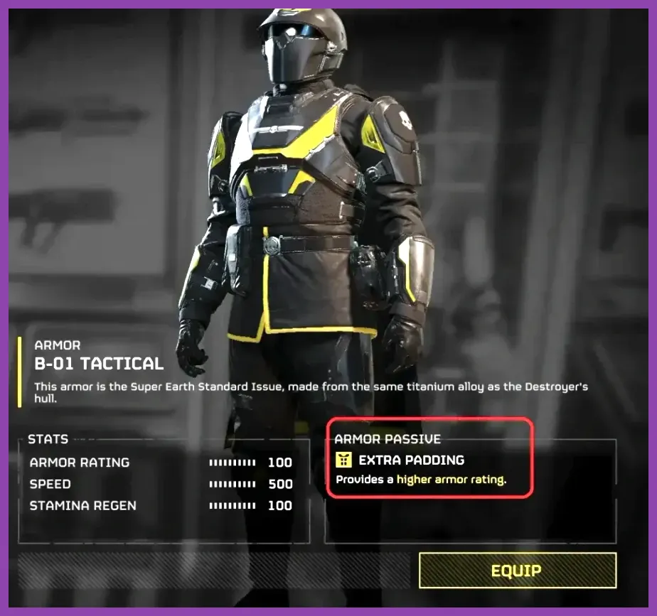 B-01 Tactical armor showcase in the Helldivers 2 armory