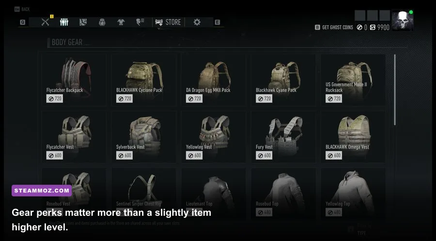 Ghost Recon Breakpoint inventory showing weapon perks and gear bonuses