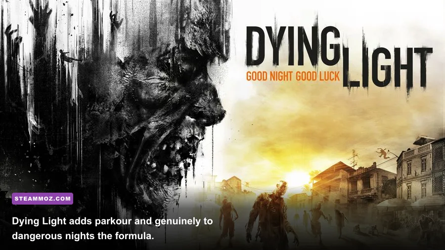 A survivor escaping Volatiles across rooftops during a night chase in Dying Light