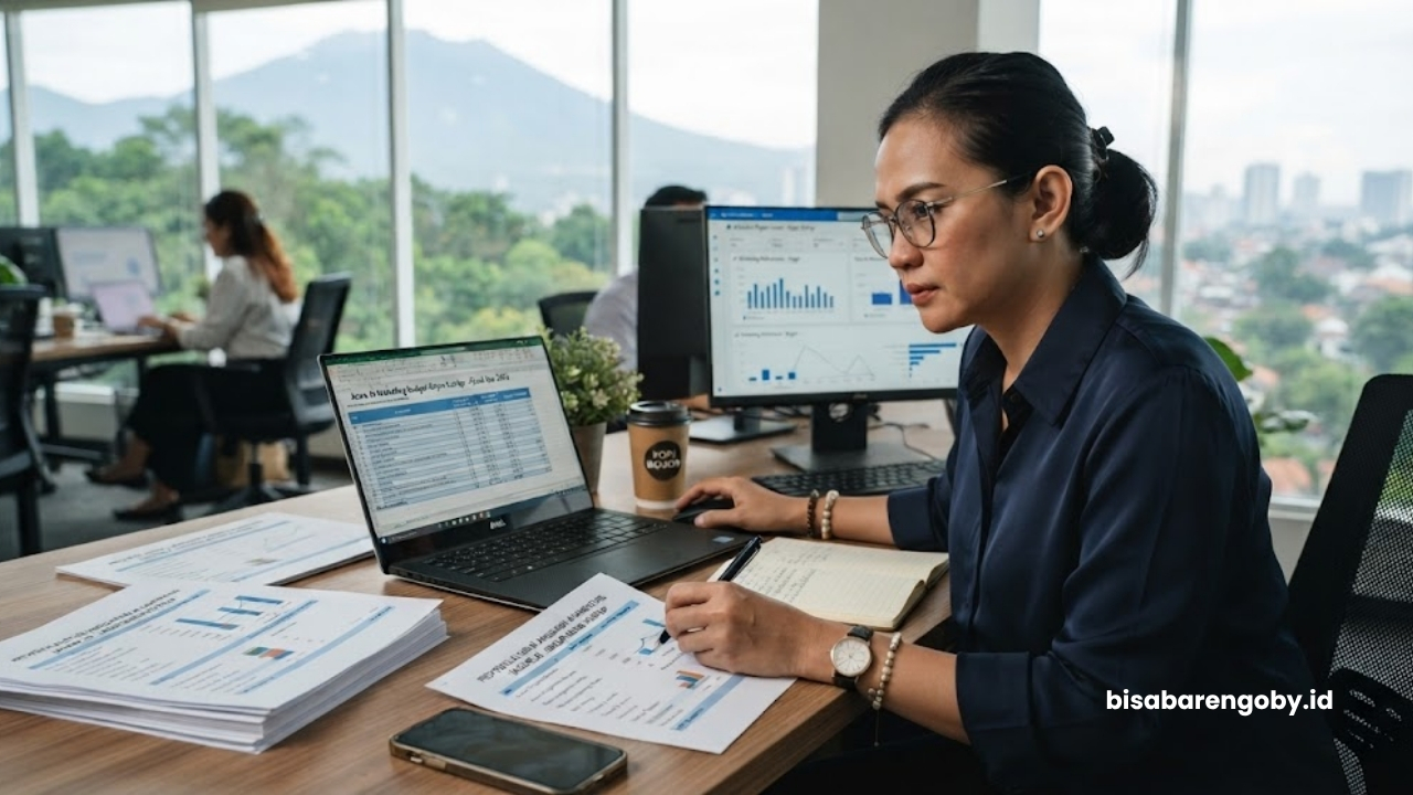 Manajer pemasaran memproyeksikan alokasi anggaran saat menghitung biaya AI Marketing untuk startup di Bogor berbasis Azure AI