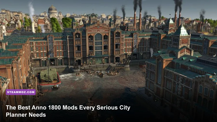 High-tier industrial harbor in Anno 1800 with automated steamships and bustling docklands
