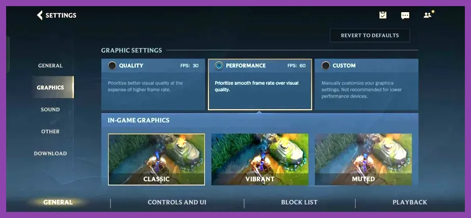 Wild Rift graphic options showing 120 FPS and high visual quality
