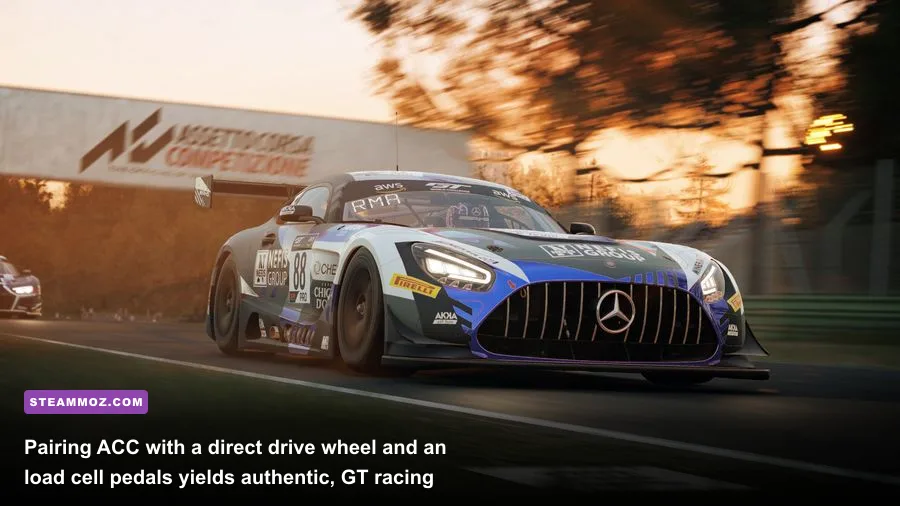 Triple-screen sim rig running Assetto Corsa Competizione with direct drive wheel base and load cell pedals