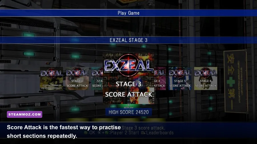 EXZEAL score attack arcade mode with enemy waves and on-screen score