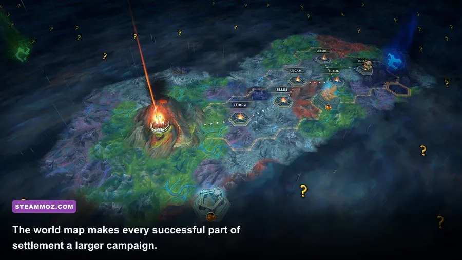 Against the Storm world map showing biomes and settlement expedition routes