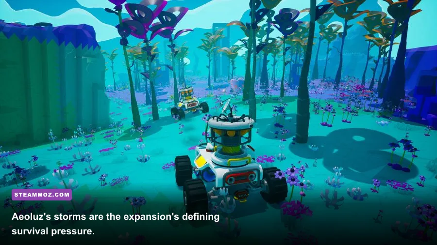 ASTRONEER Glitchwalkers base and astronaut caught in an Aeoluz environmental storm