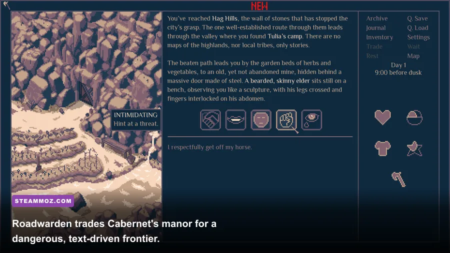 Roadwarden text-based RPG map and dialogue interface