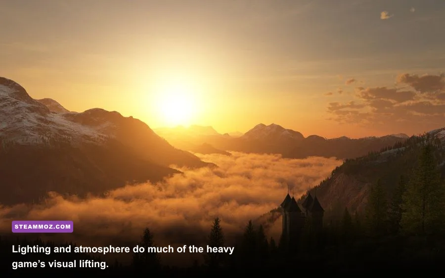 Drizzlepath sunset scene over distant mountains