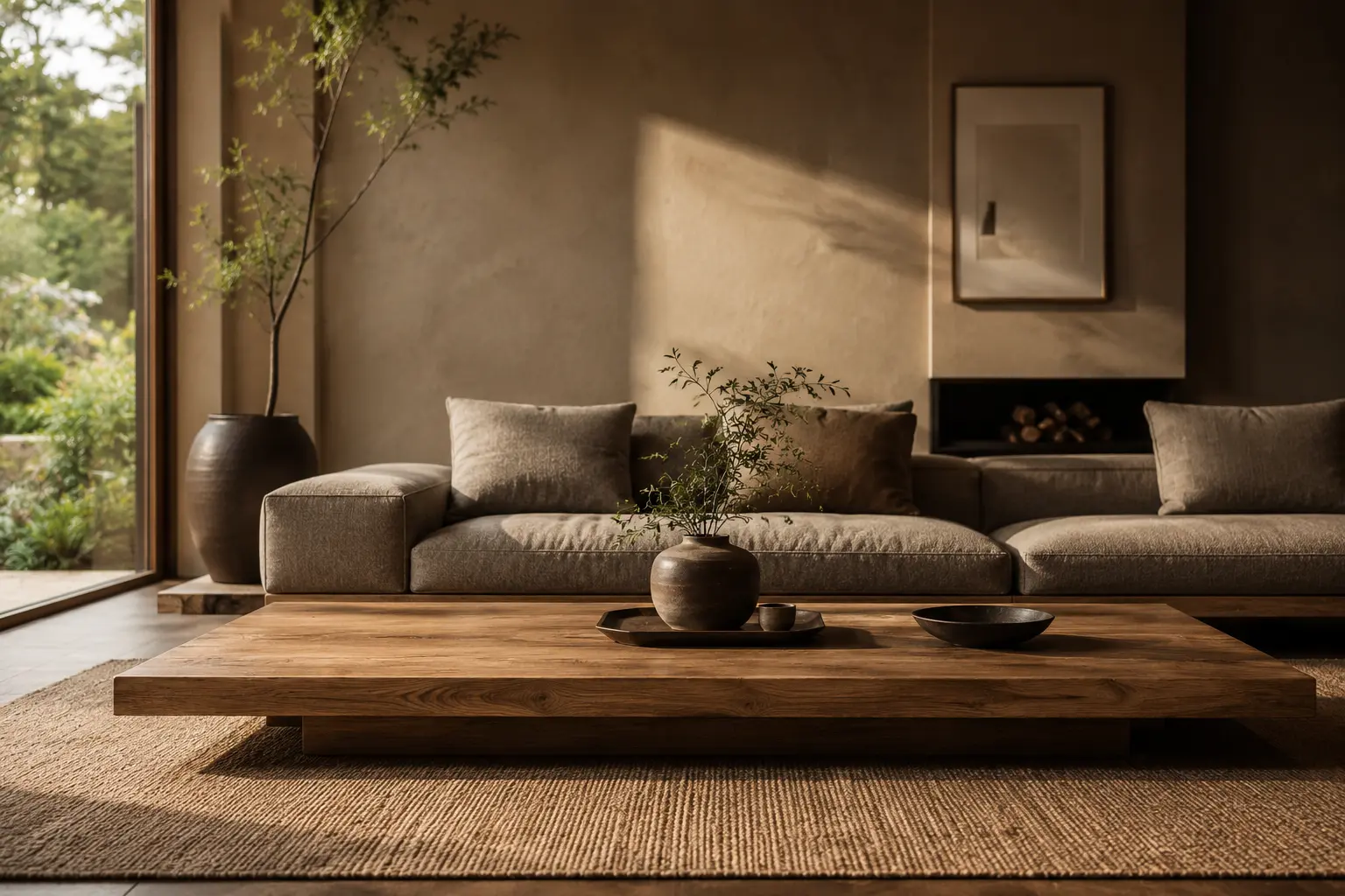 Low profile living room featuring a floor seating arrangement and an ultra-low wooden coffee table