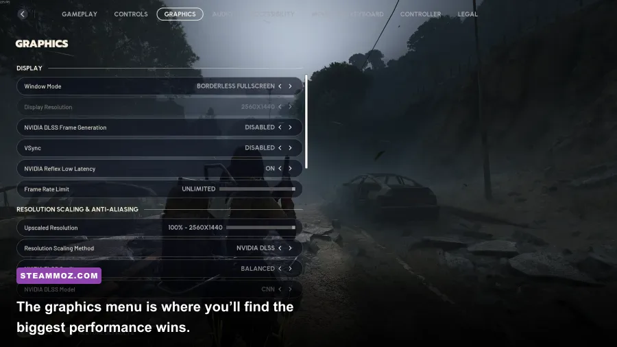 Dreamscape graphics settings menu with resolution, shadows, and texture options