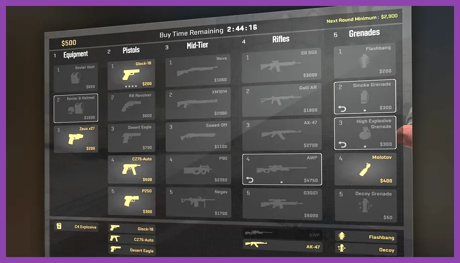 Counter-Strike 2 buy menu showing weapons armor and grenade economy