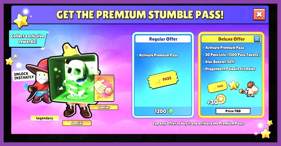 Stumble Pass menu showcasing new skin rewards, footsteps, and custom animations