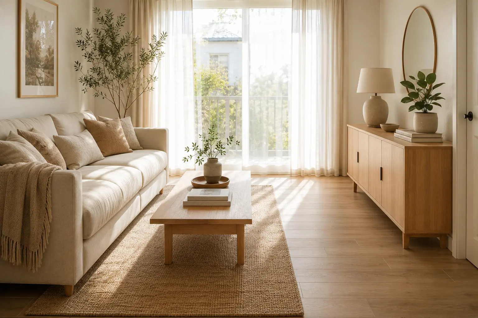 living room walkway with clear space between furniture and wall