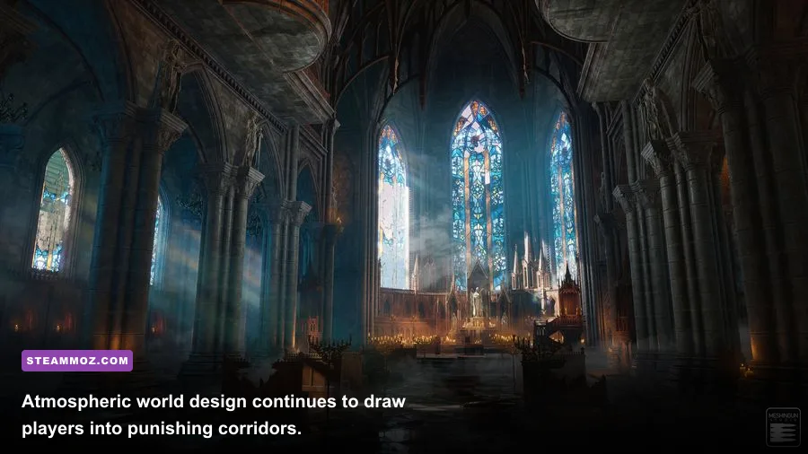 Gothic castle environment with moody lighting and detailed stone textures