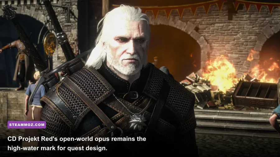 Geralt walking through the busy streets of Novigrad in The Witcher 3