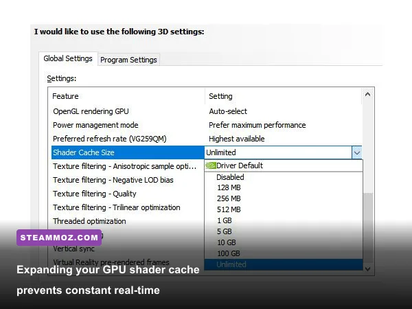 NVIDIA Control Panel Manage 3D Settings shader cache size set to 10GB