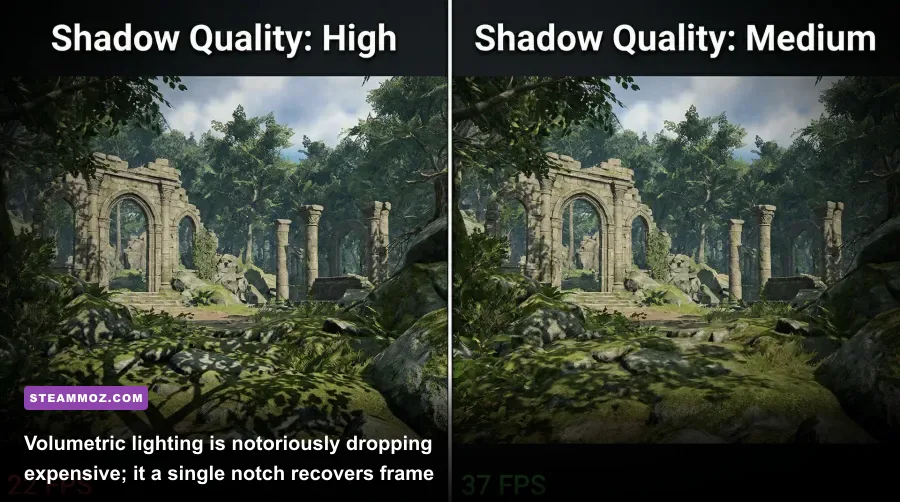 Side-by-side comparison of volumetric lighting and fog rendering in an open world game