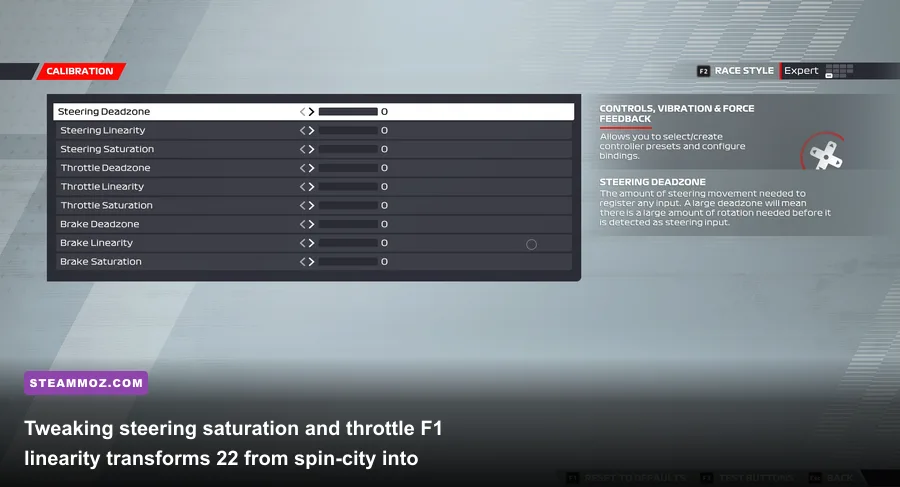Custom calibration screen in F1 22 showing force feedback and linearity sliders