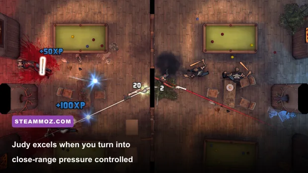 Judy using a weapon against enemies in God's Trigger
