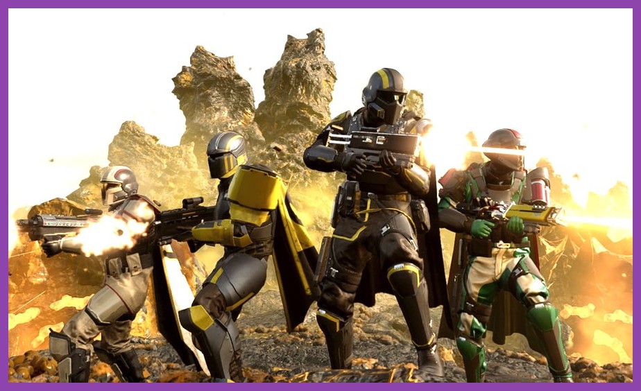 Four Helldivers standing together firing heavy weaponry at alien bugs