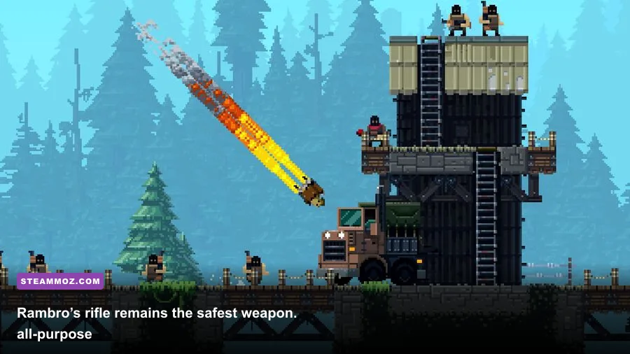 Rambro firing his assault rifle during a BROFORCE jungle mission