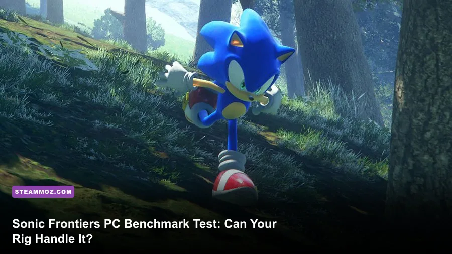 Sonic sprinting across the open-zone landscape of Kronos Island on PC
