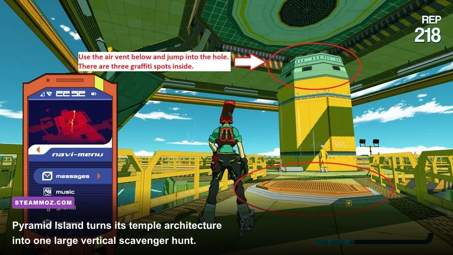 Bomb Rush Cyberfunk Pyramid Island temple rooftops and hidden graffiti