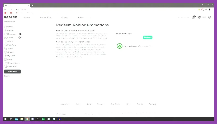 Entering promo codes in Roblox to unlock special characters
