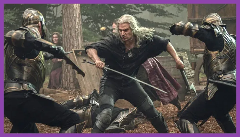 Geralt performing heavy and fast attacks with his sword