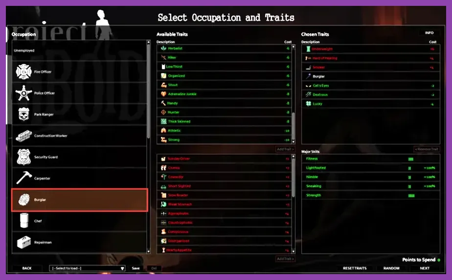 Project Zomboid Burglar profession highlighting stealth and hotwiring perks