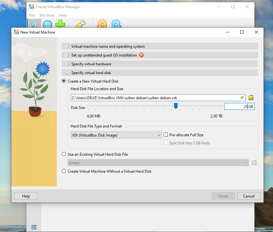 Membuat virtual hard disk berukuran 25 GB