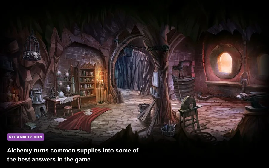 Darklands alchemy interface showing potion ingredients and recipes